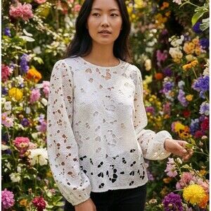 White House Black Market Butterfly Lace Blouse Sz 12 L Embroidered Boho Fairy